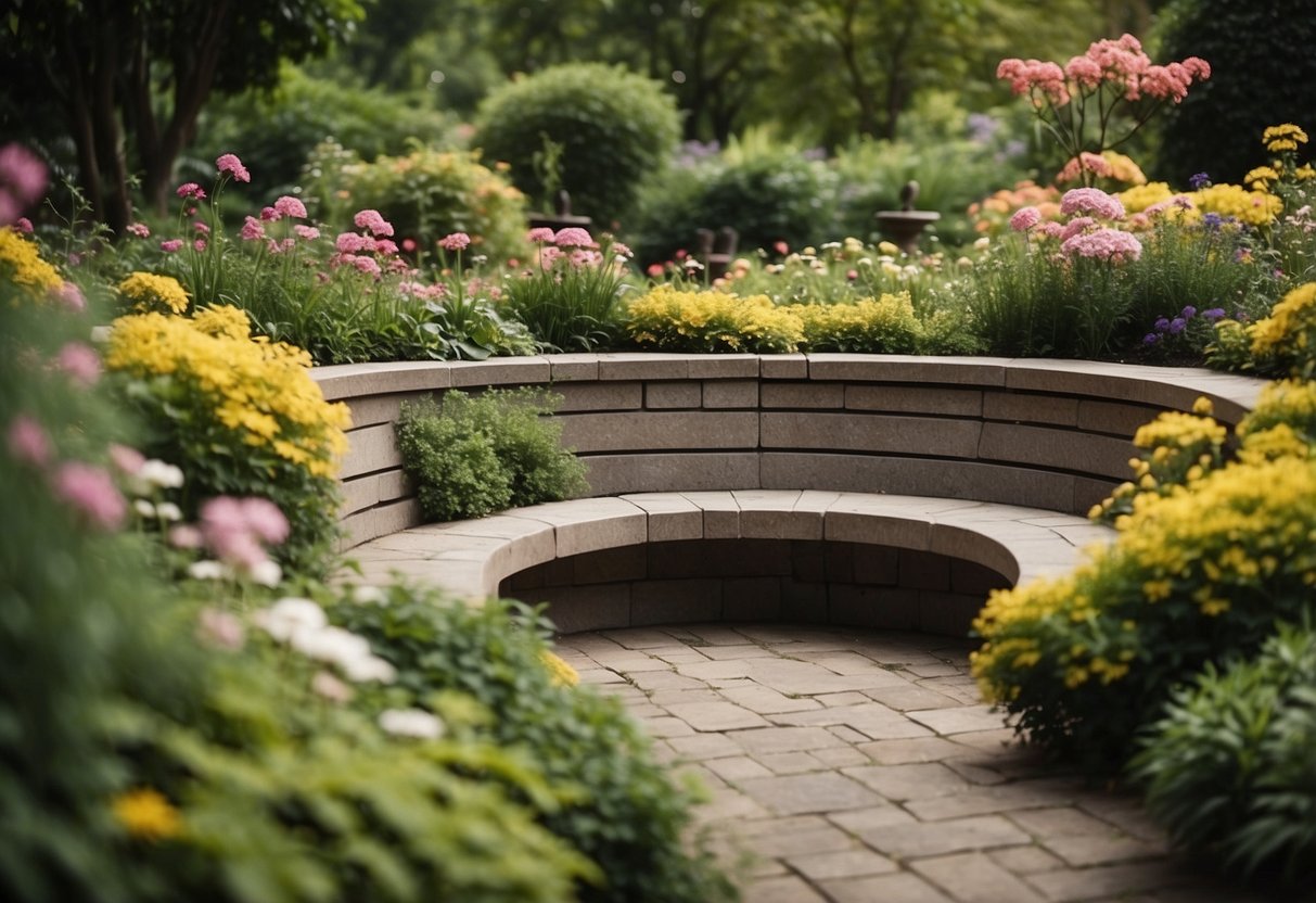 Seating nooks nestled in a lush, upward-sloping garden with winding paths and blooming flowers