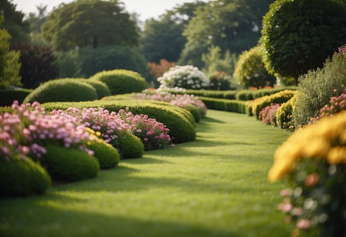 A lush, sloping lawn stretches upward, bordered by colorful flowers and neatly trimmed hedges