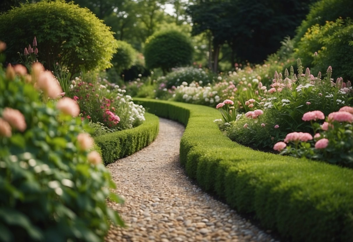 Gravel paths wind through a sloping garden, bordered by lush greenery and blooming flowers