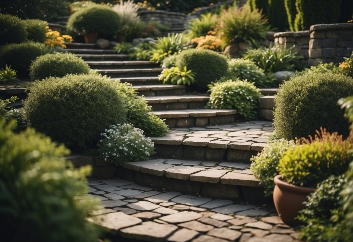 A terraced garden with cascading plants, stone steps, and curved pathways leading to a central focal point. The garden is designed with varying heights and textures to create visual interest and maximize space