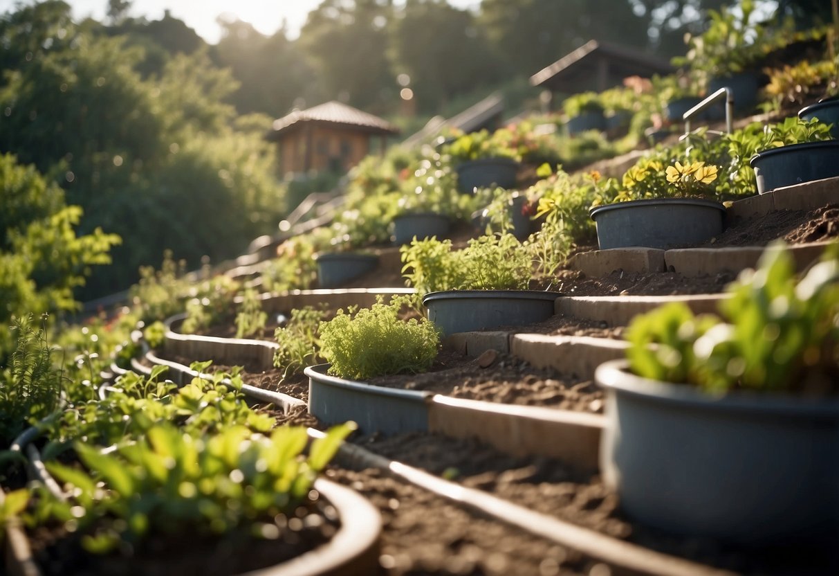 An upward sloping garden with terraced levels, featuring rainwater harvesting systems, drip irrigation, and contour planting for soil conservation