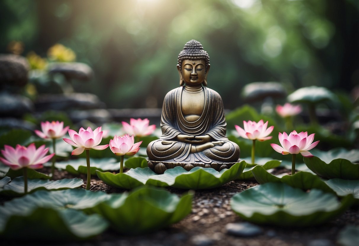 A serene zen garden with lotus flowers surrounds a Buddha statue