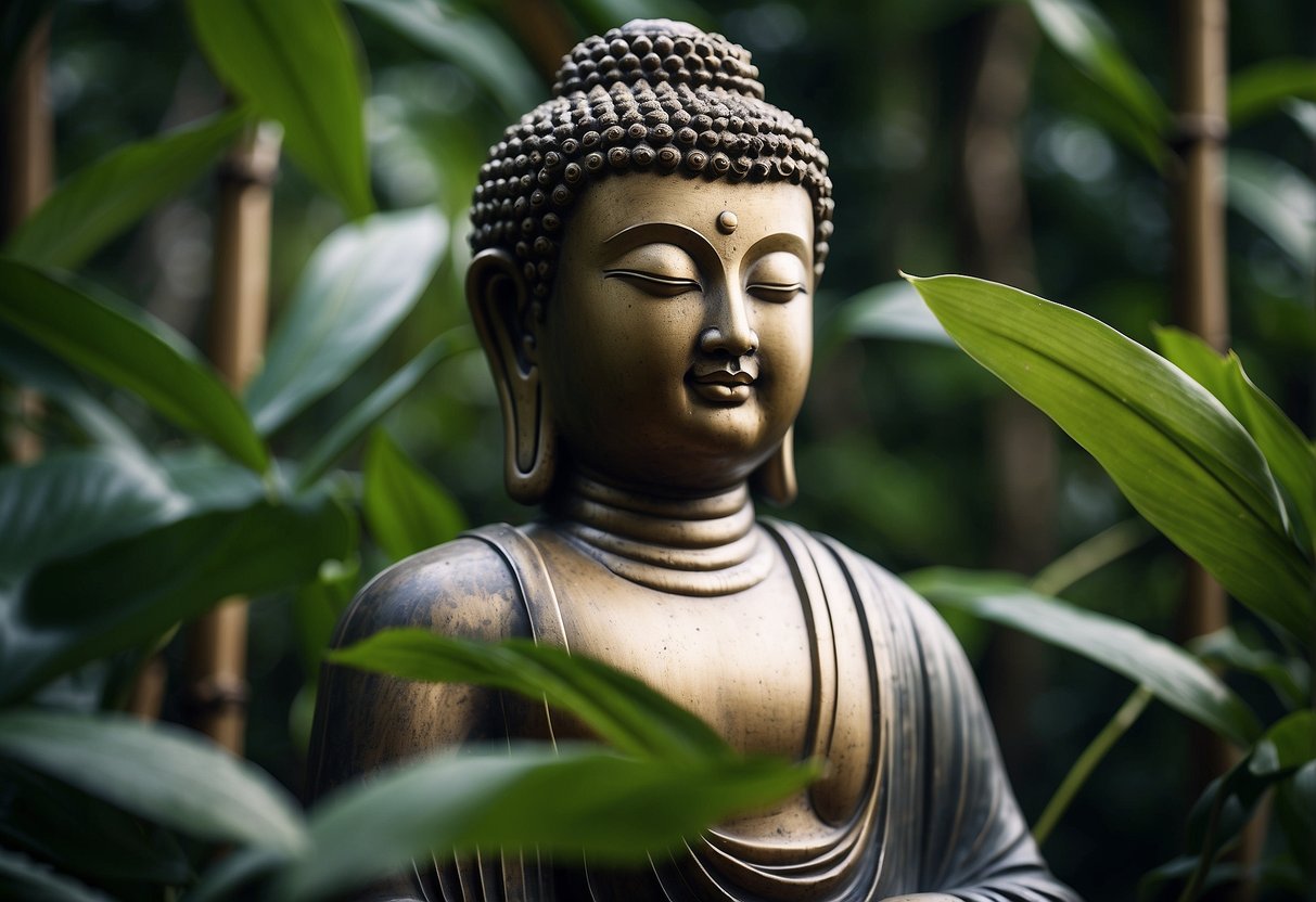 A serene Buddha statue stands amidst lush bamboo plants in a tranquil garden setting