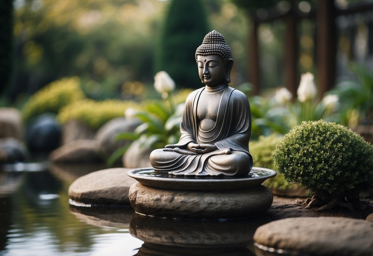 A tranquil water feature surrounds a serene Buddha sculpture in a peaceful garden setting