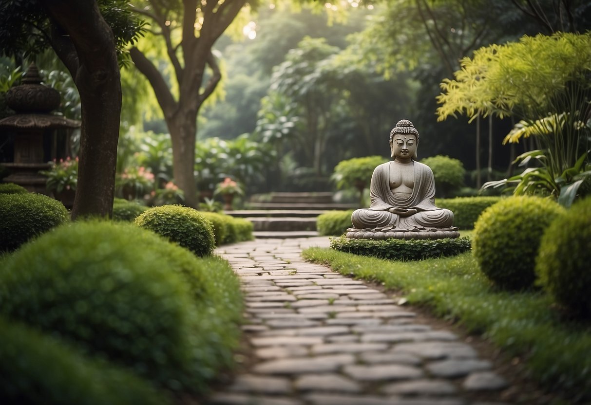 A serene garden with a stone path leading to a meditative corner featuring a Buddha statue surrounded by lush greenery and tranquil ambiance