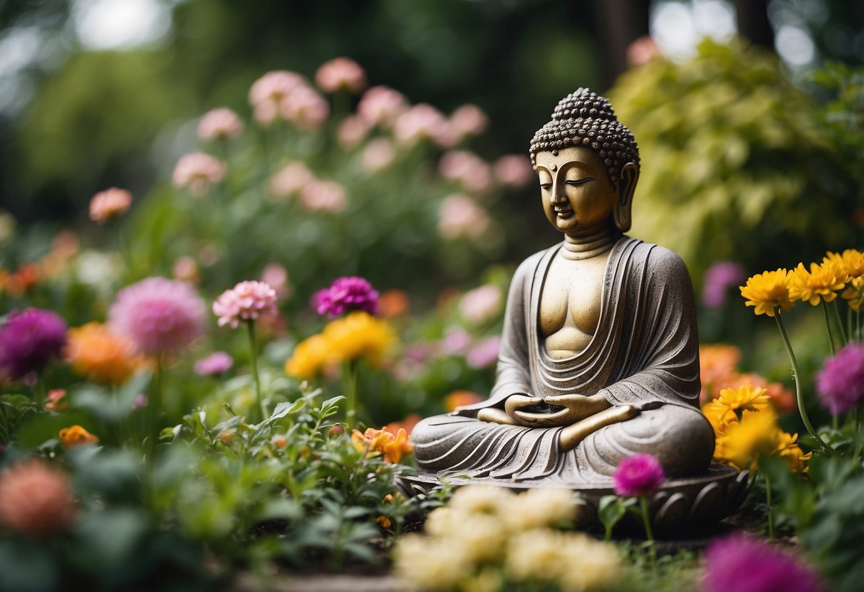 A flower bed surrounds a serene Buddha statue, the focal point of the garden. Lush greenery and colorful blooms create a peaceful and tranquil atmosphere