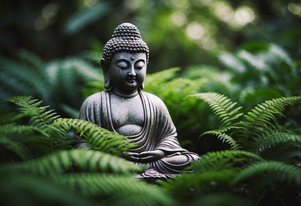 A serene Buddha statue surrounded by vibrant green ferns in a peaceful garden setting