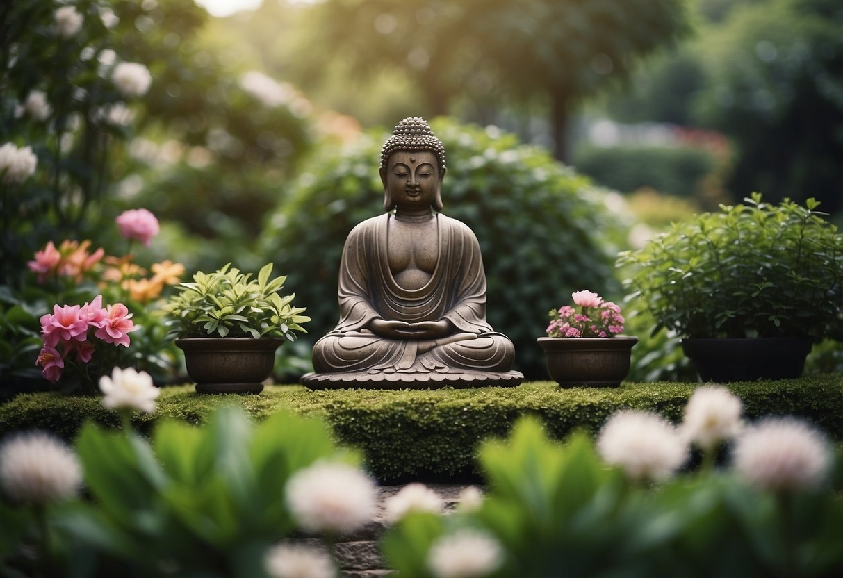 A serene garden with a Buddha statue as the focal point, surrounded by lush greenery and blooming flowers, evoking a sense of peace and tranquility