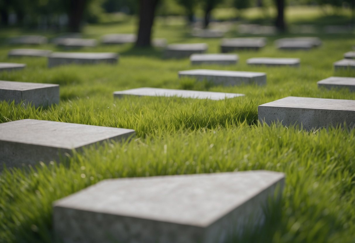 A garden with geometric concrete slabs arranged amidst lush green grass