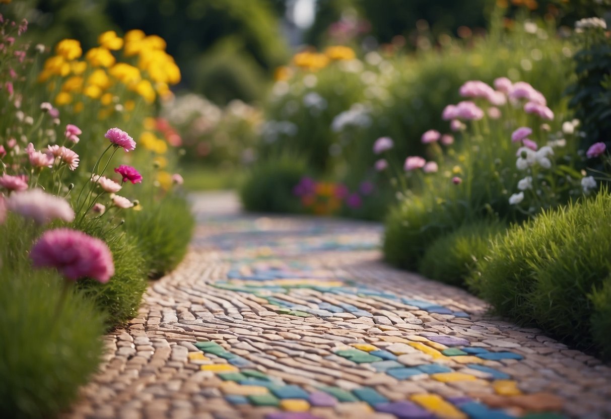 A winding footpath of colorful mosaic tiles leads through a lush garden of neatly trimmed grass and vibrant flowers