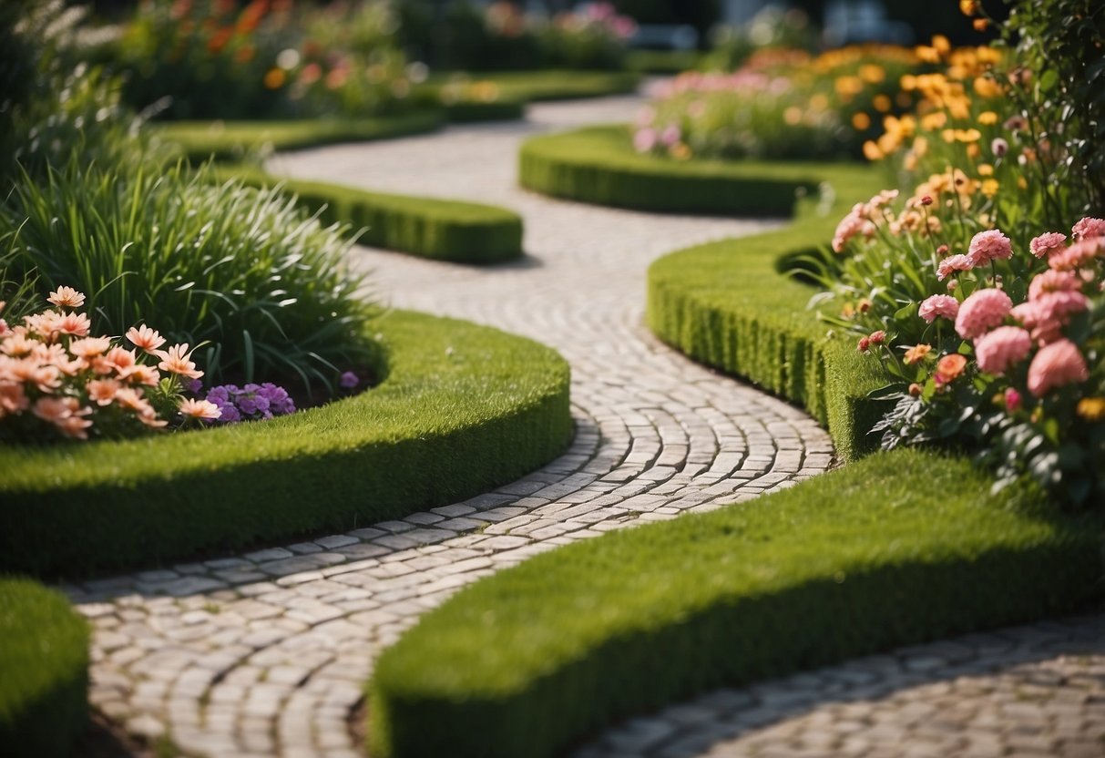 A garden with grass pavers creating a patterned pathway, surrounded by lush green grass and vibrant flowers