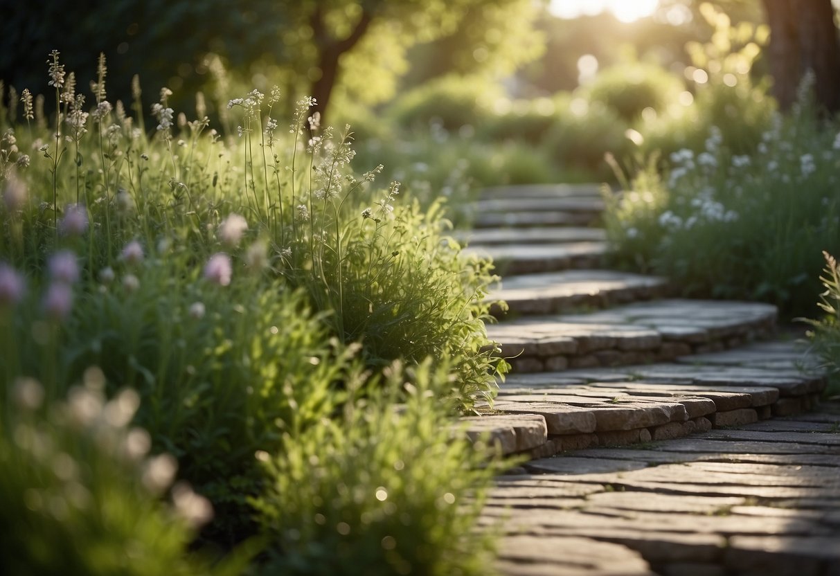 A winding pathway of herb border slabs through a lush grass garden