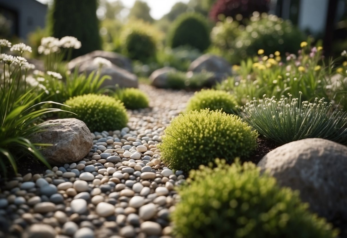 A garden with mixed pebble and slab design, surrounded by lush green grass