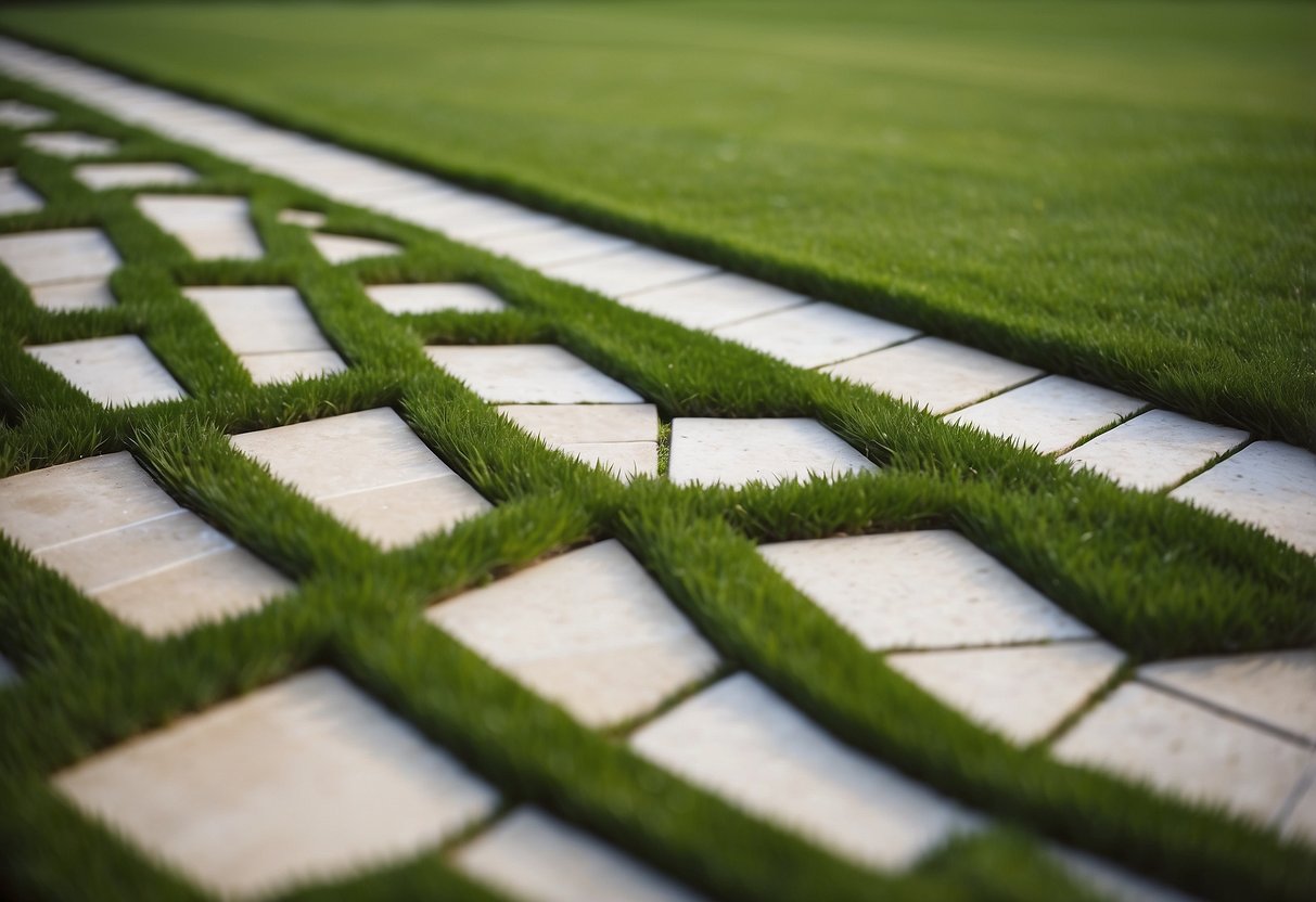 A neatly trimmed lawn with defined edges, surrounded by slabs and bordered by lush green grass