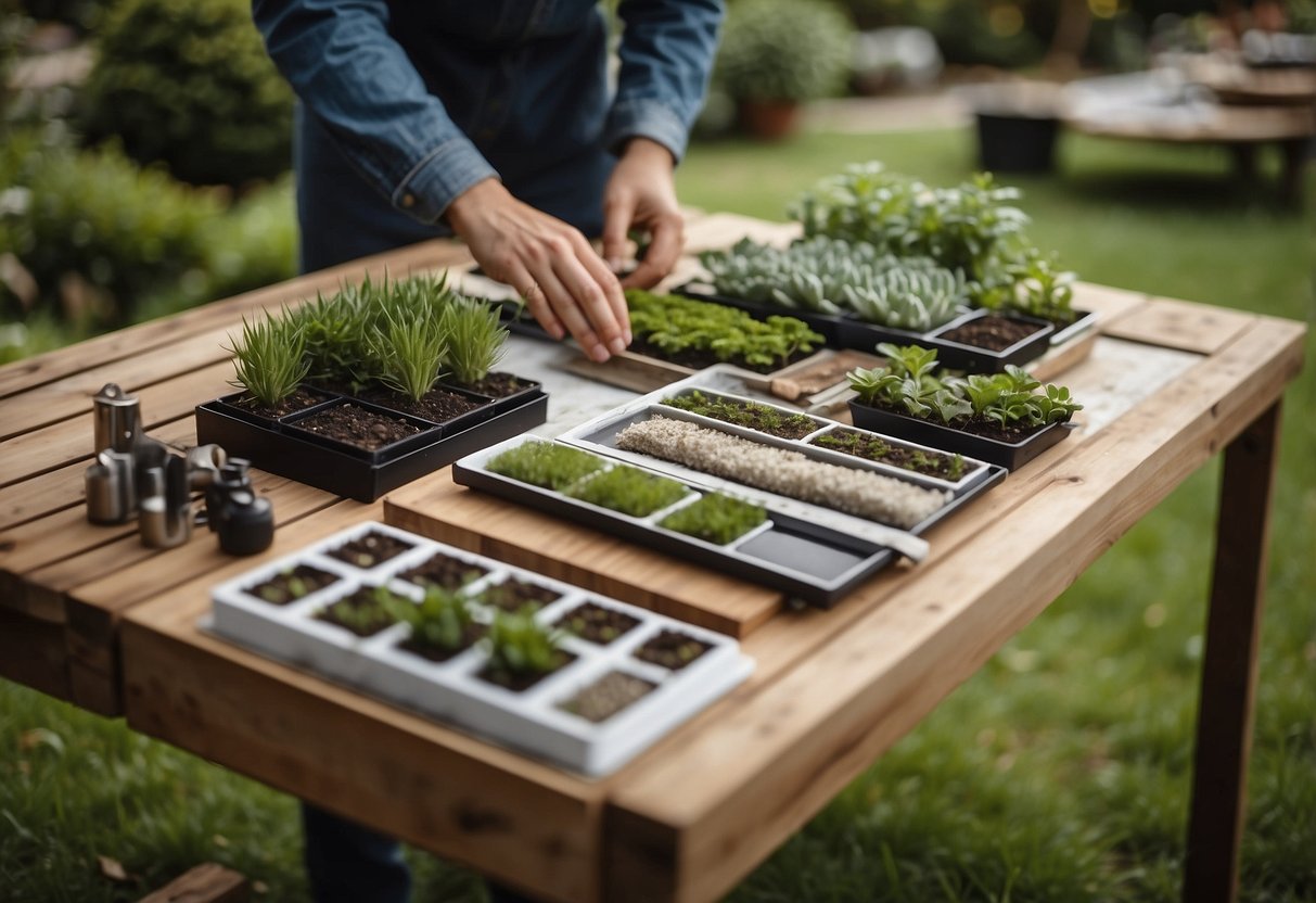 A person selecting materials for a garden: slabs, grass types, and design ideas laid out on a table, with a garden backdrop