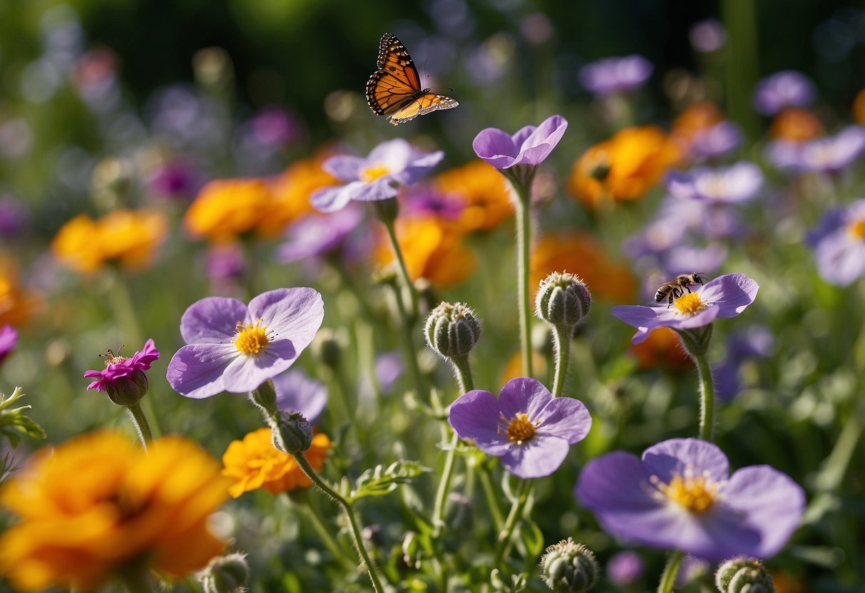 A vibrant garden of edible flowers blooms in a variety of colors and shapes, surrounded by lush green foliage and buzzing with bees and butterflies