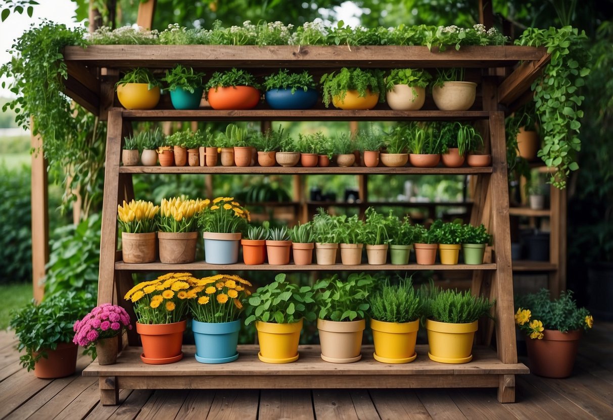 A tall wooden structure with hanging pots and shelves filled with various vegetables, surrounded by lush greenery and colorful flowers