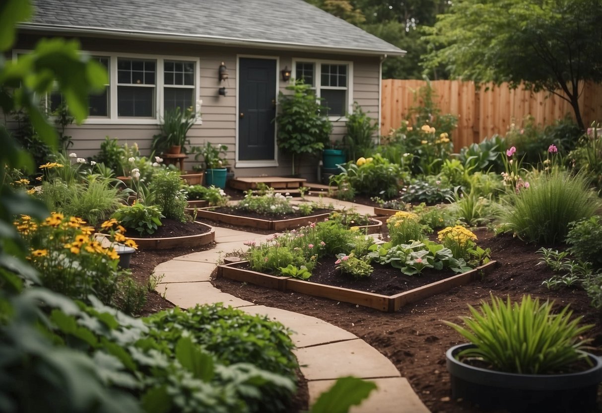 A lush backyard garden with native plants, a small pond, and bird feeders. A compost pile and rain barrels are tucked in the corner