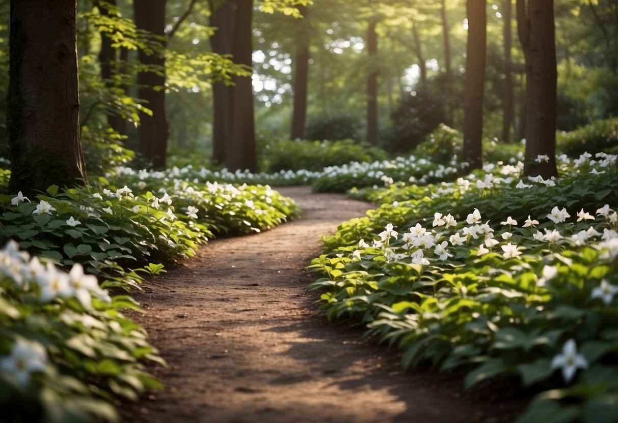 A lush garden filled with vibrant trillium flowers, surrounded by winding paths and shaded by tall trees