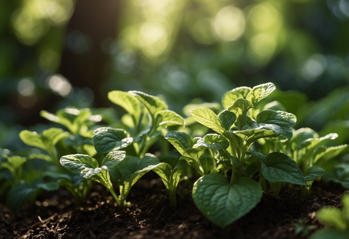 Lush green lungwort plants fill a shaded garden, with dappled sunlight peeking through the canopy above. Rich, moist soil and a variety of textures create a serene and inviting atmosphere