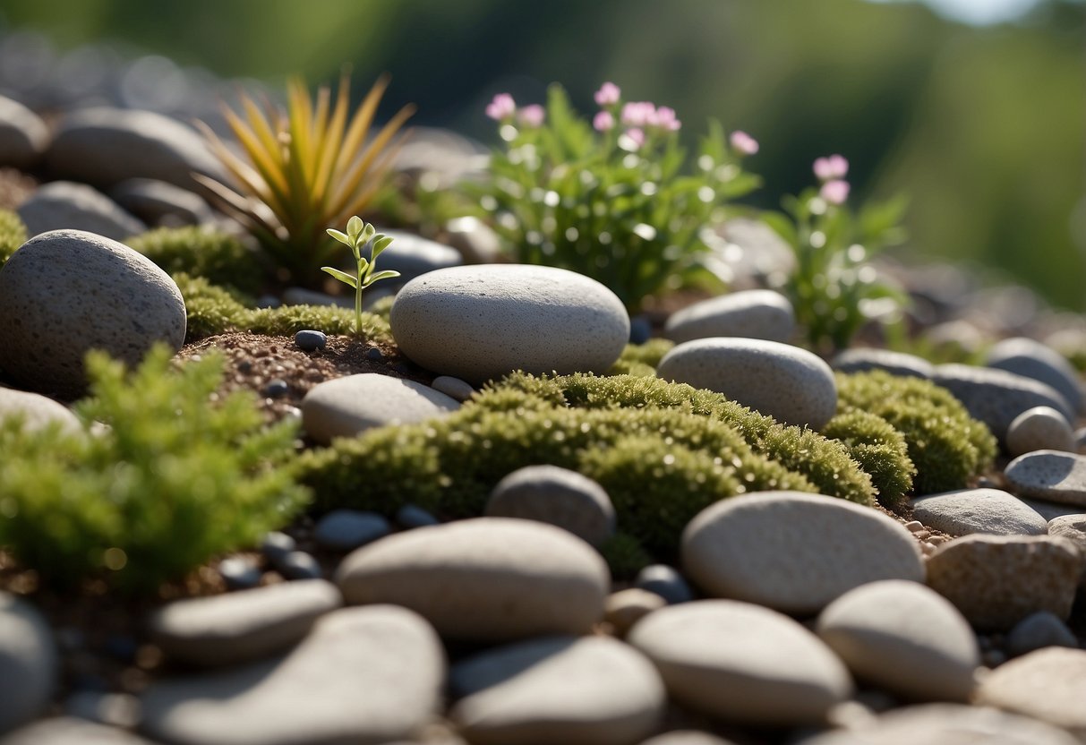 A rocky zen garden perched on a hill, with carefully arranged stones, raked gravel, and minimalist plantings