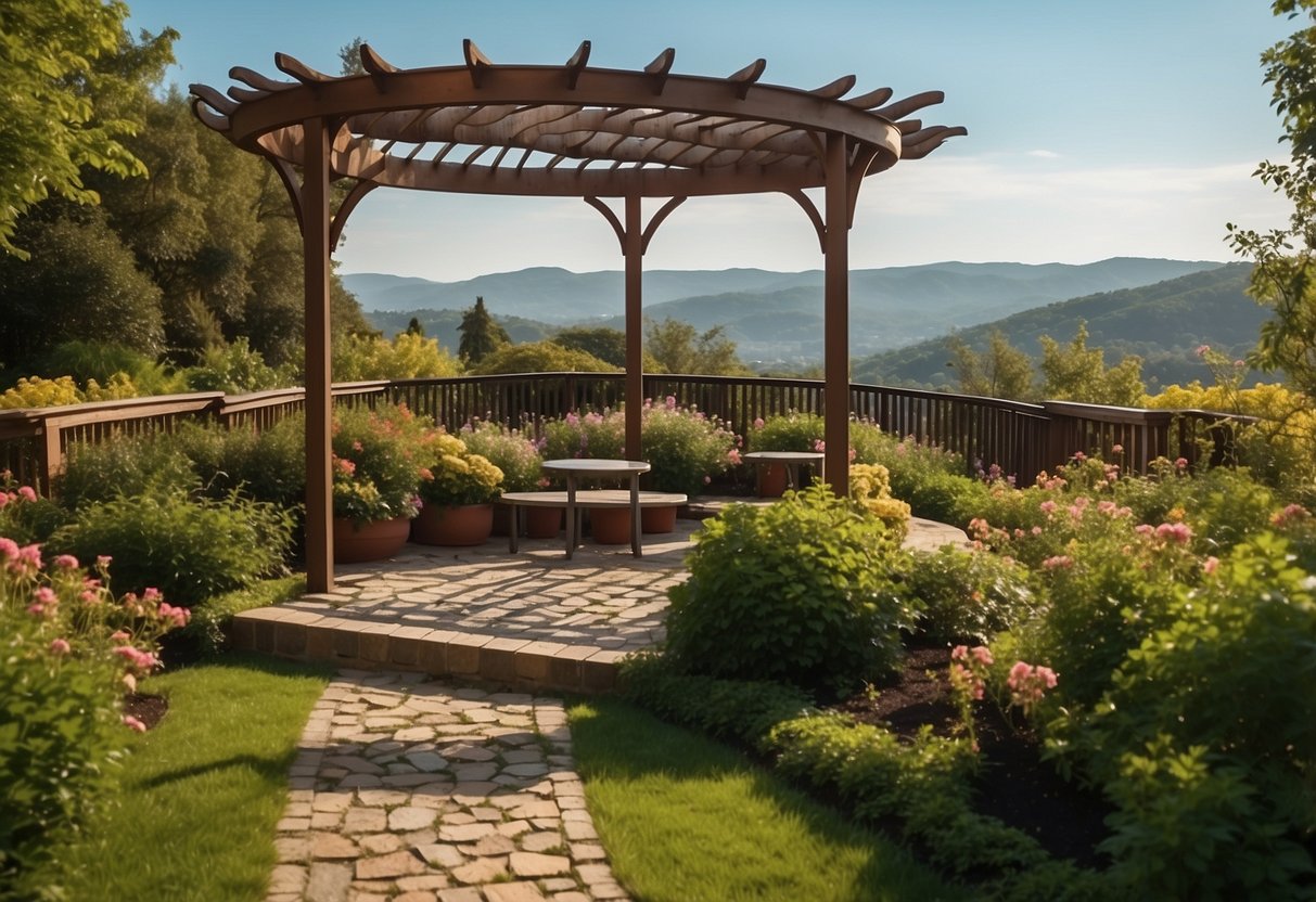 A pergola overlooks a lush garden on a hill, with winding pathways, blooming flowers, and a serene atmosphere