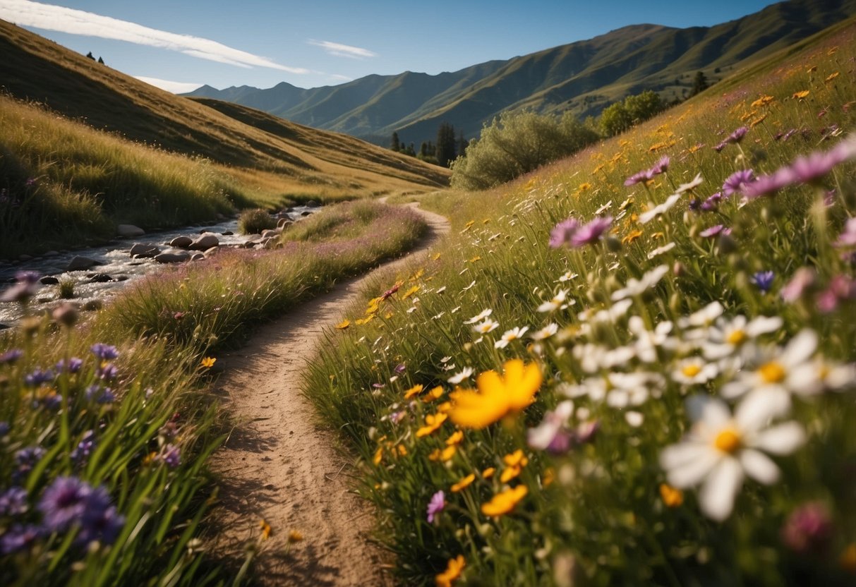 A hill covered in a colorful array of wildflowers, with a winding path through the meadow and a small stream running through the middle