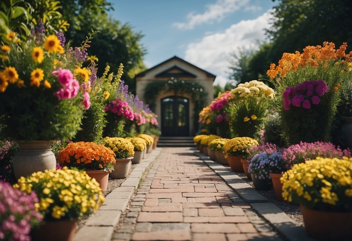 A driveway lined with vertical planters bursting with colorful flowers and greenery, creating a vibrant and welcoming garden entrance