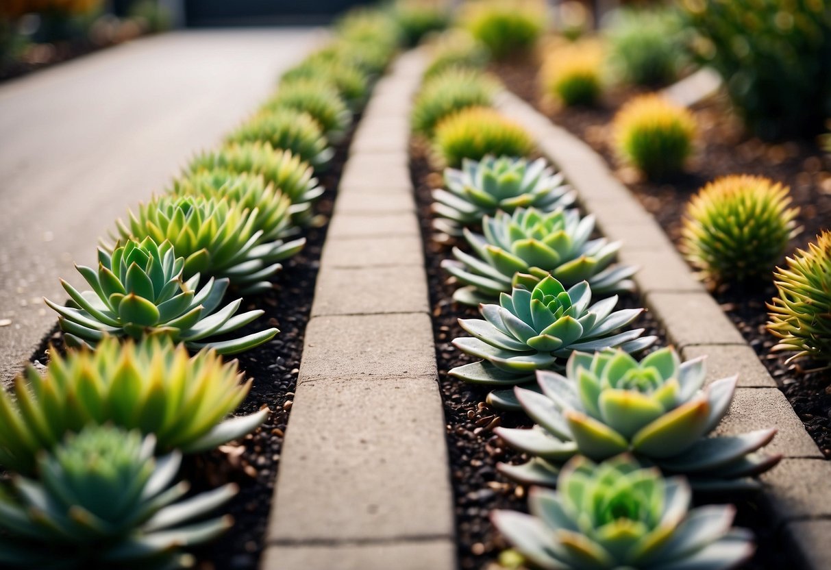 Lush succulent rows line a winding driveway, creating a vibrant and low-maintenance garden display