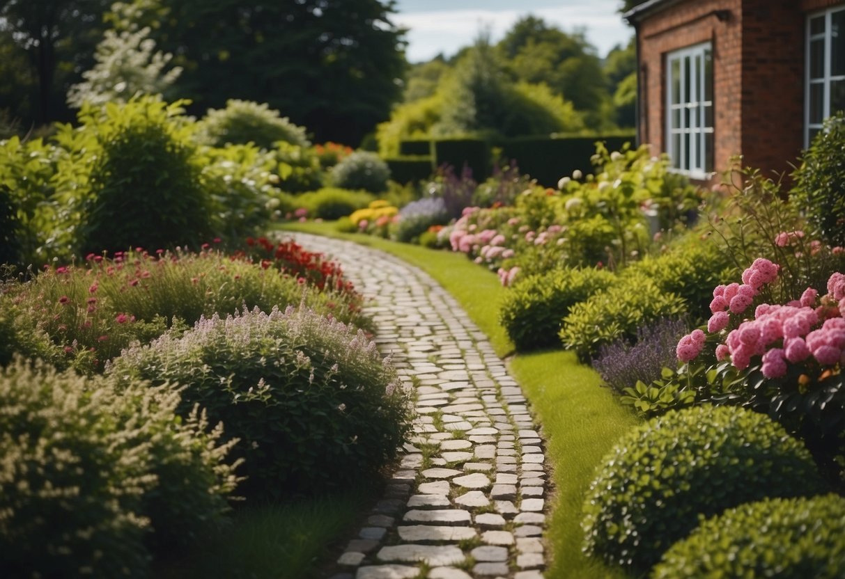 A winding stone path leads through a lush garden, bordered by vibrant flowers and manicured shrubs. The path is flanked by a neatly trimmed driveway, creating a charming and inviting entrance