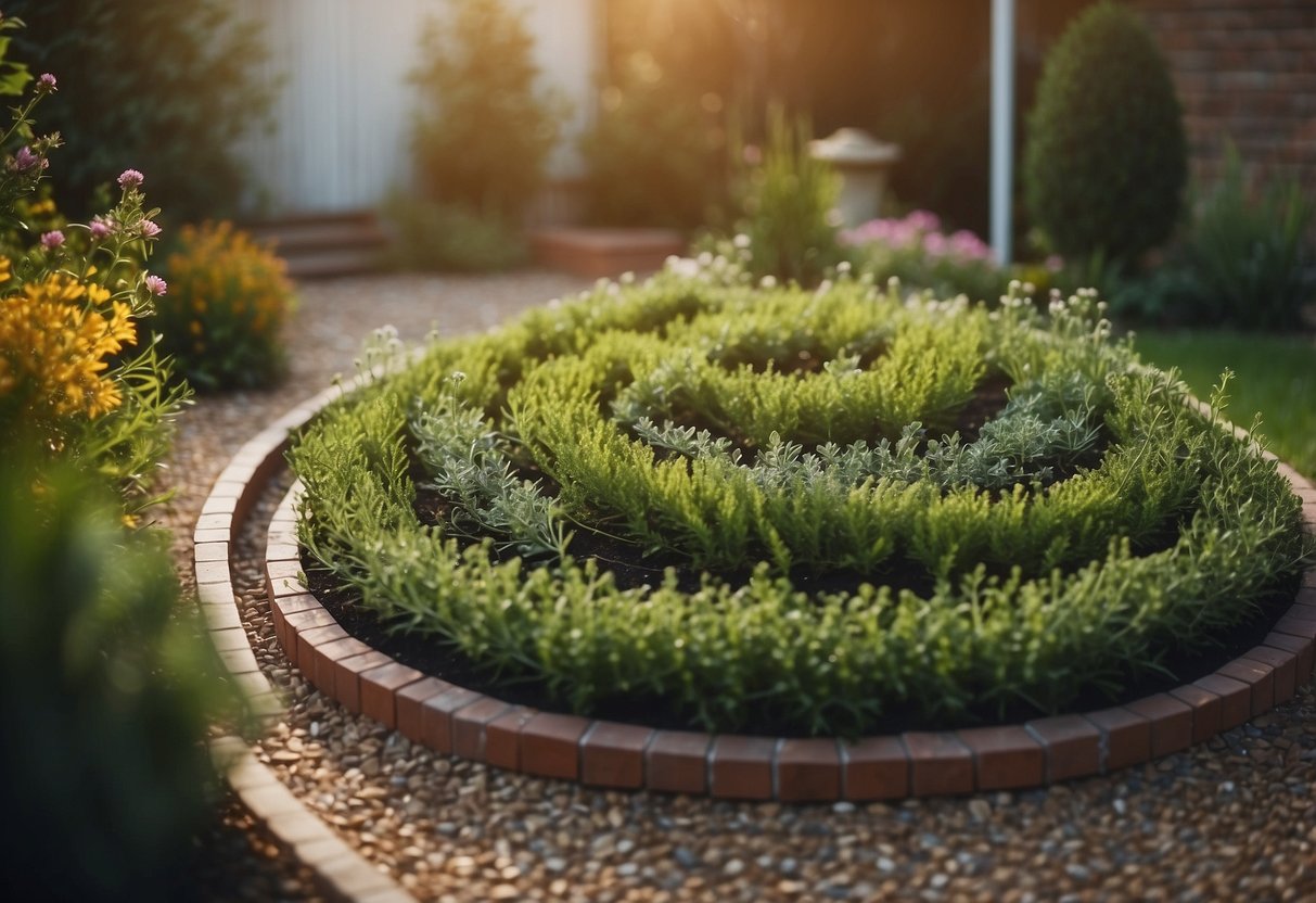 A winding herb spiral garden nestled in a driveway, with aromatic plants like rosemary and thyme cascading down the tiers