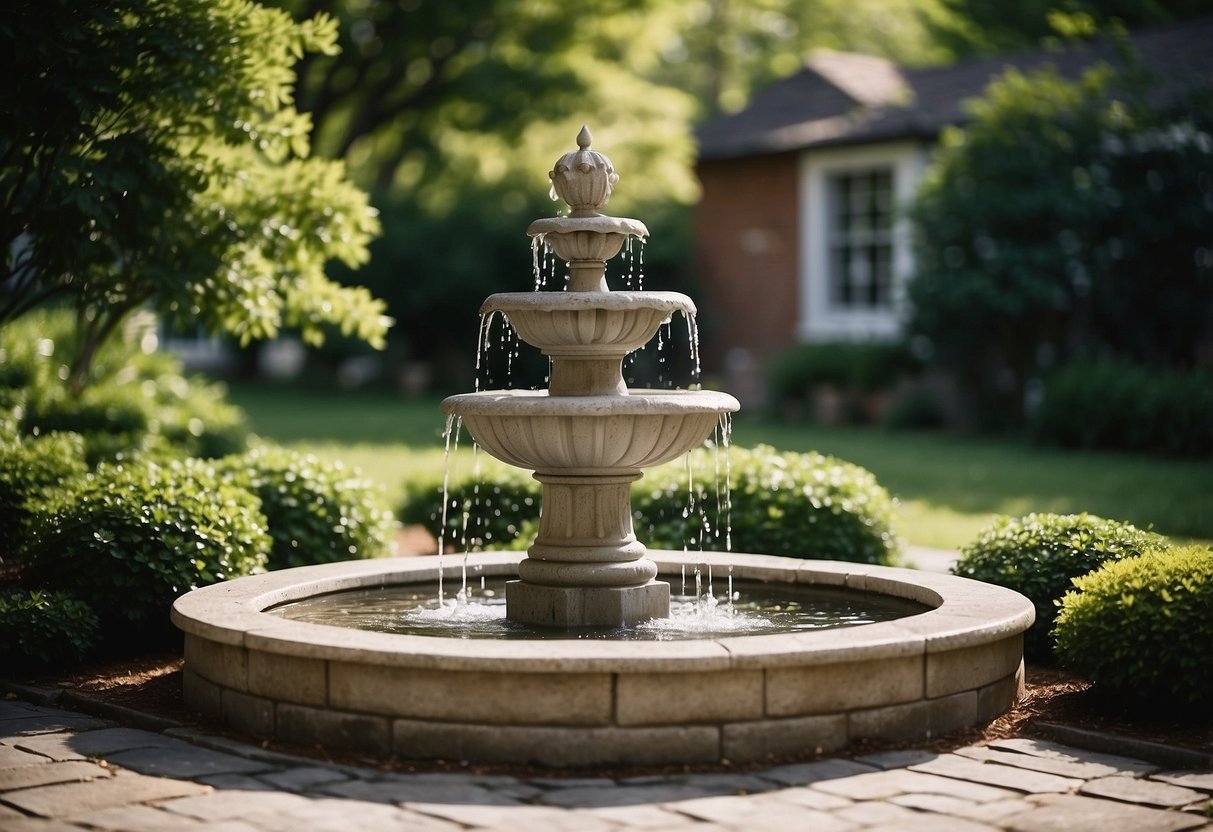 A stone fountain surrounded by lush greenery in a driveway garden corner