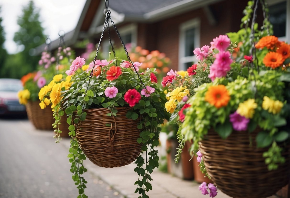 Colorful hanging baskets adorn a neatly paved driveway, adding a touch of charm and natural beauty to the outdoor space