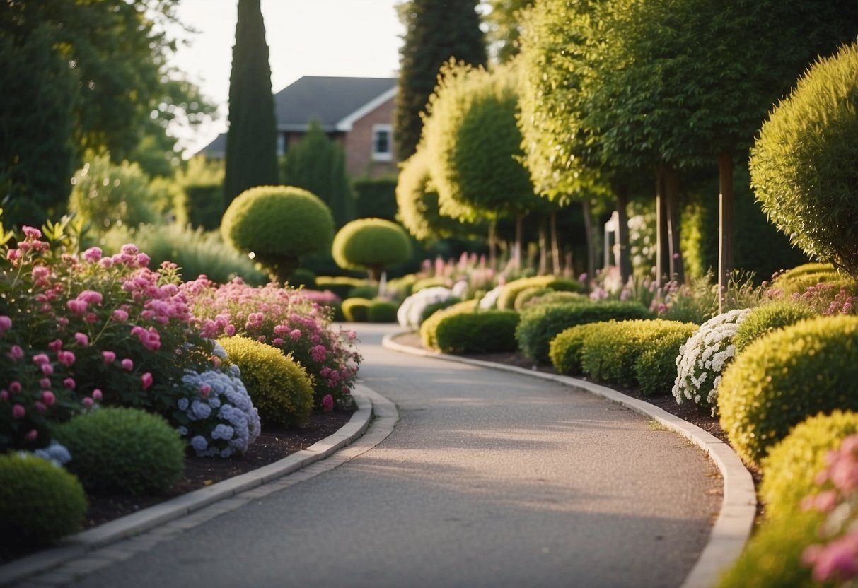 Lush flowering shrubs line a winding driveway, creating a colorful and inviting garden scene