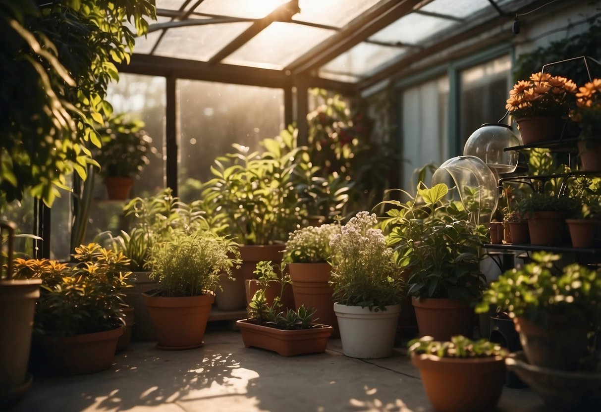 A small greenhouse sits in a driveway, surrounded by potted plants and flowers. The sun shines down, casting a warm glow over the vibrant greenery