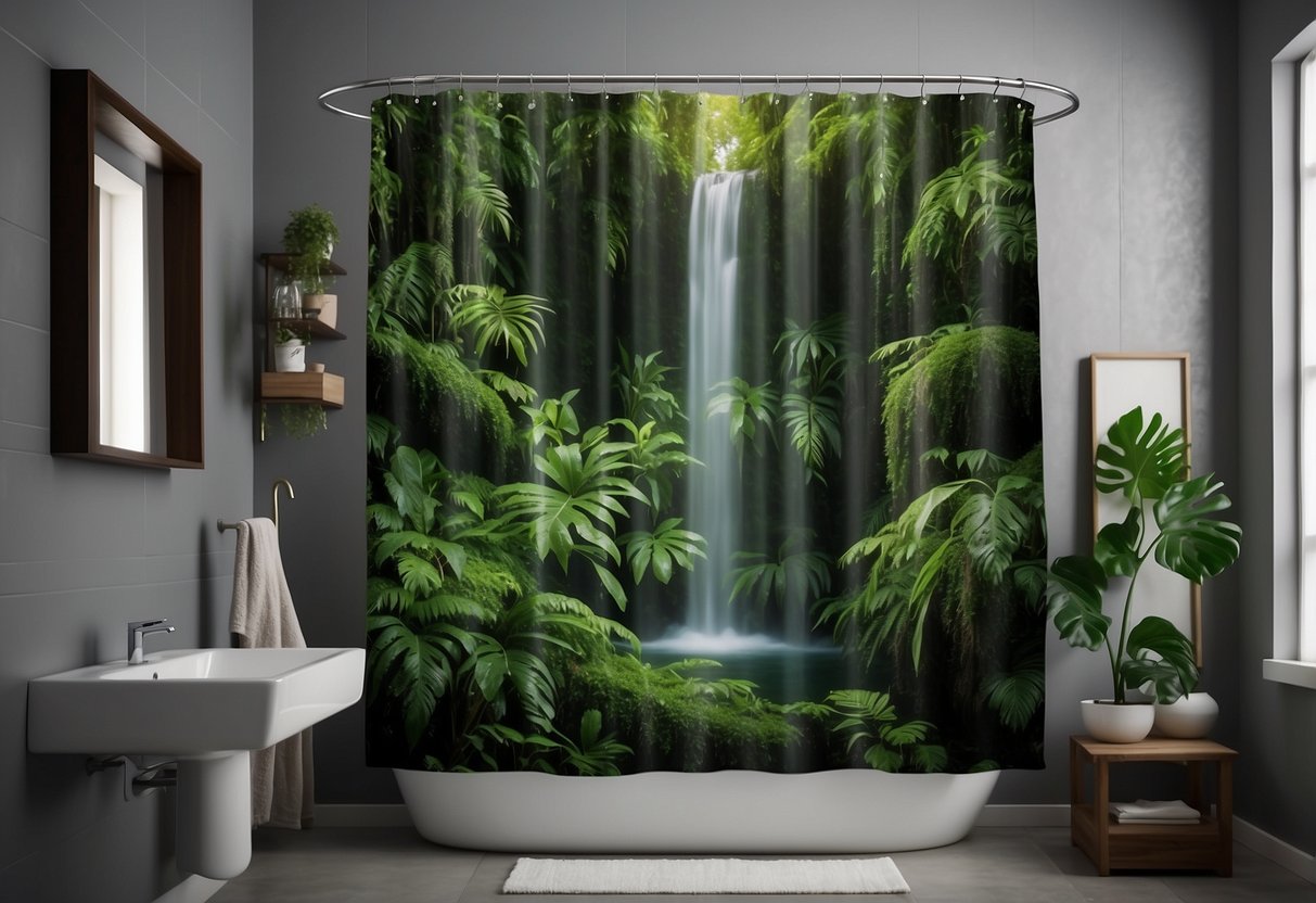 Lush green foliage cascades down a tropical shower curtain, creating a vibrant garden scene