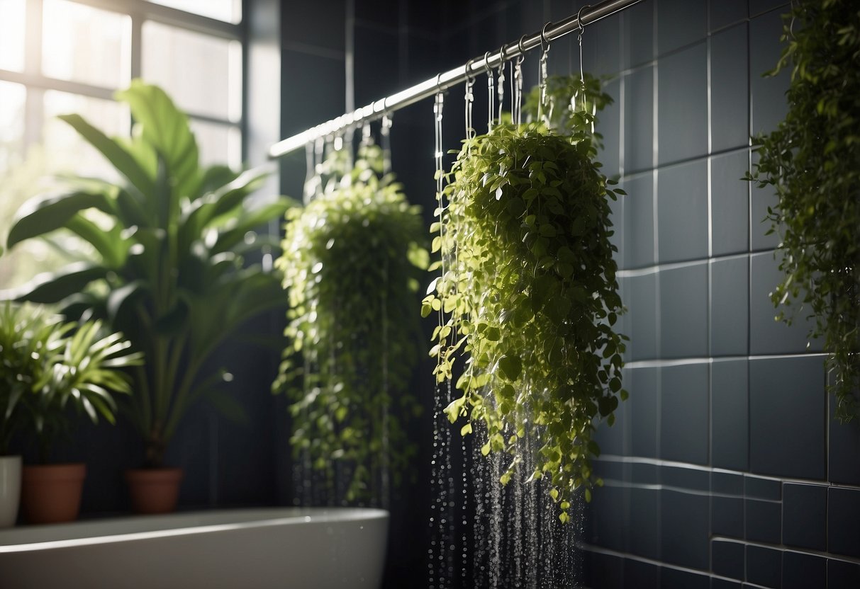 A shower curtain with hanging planters cascading down, creating a lush garden-like feel in the bathroom