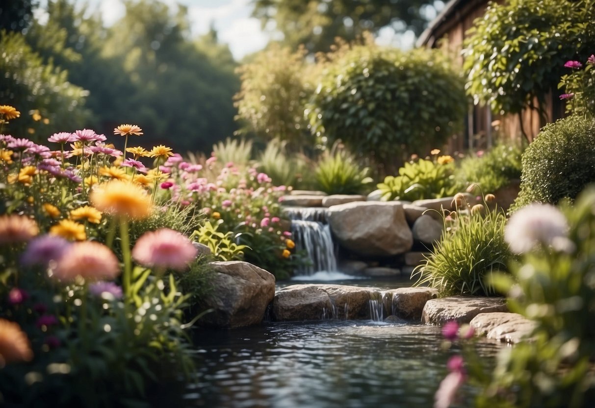 A peaceful garden with colorful flowers and flowing water, captured in a watercolor style for a shower curtain design