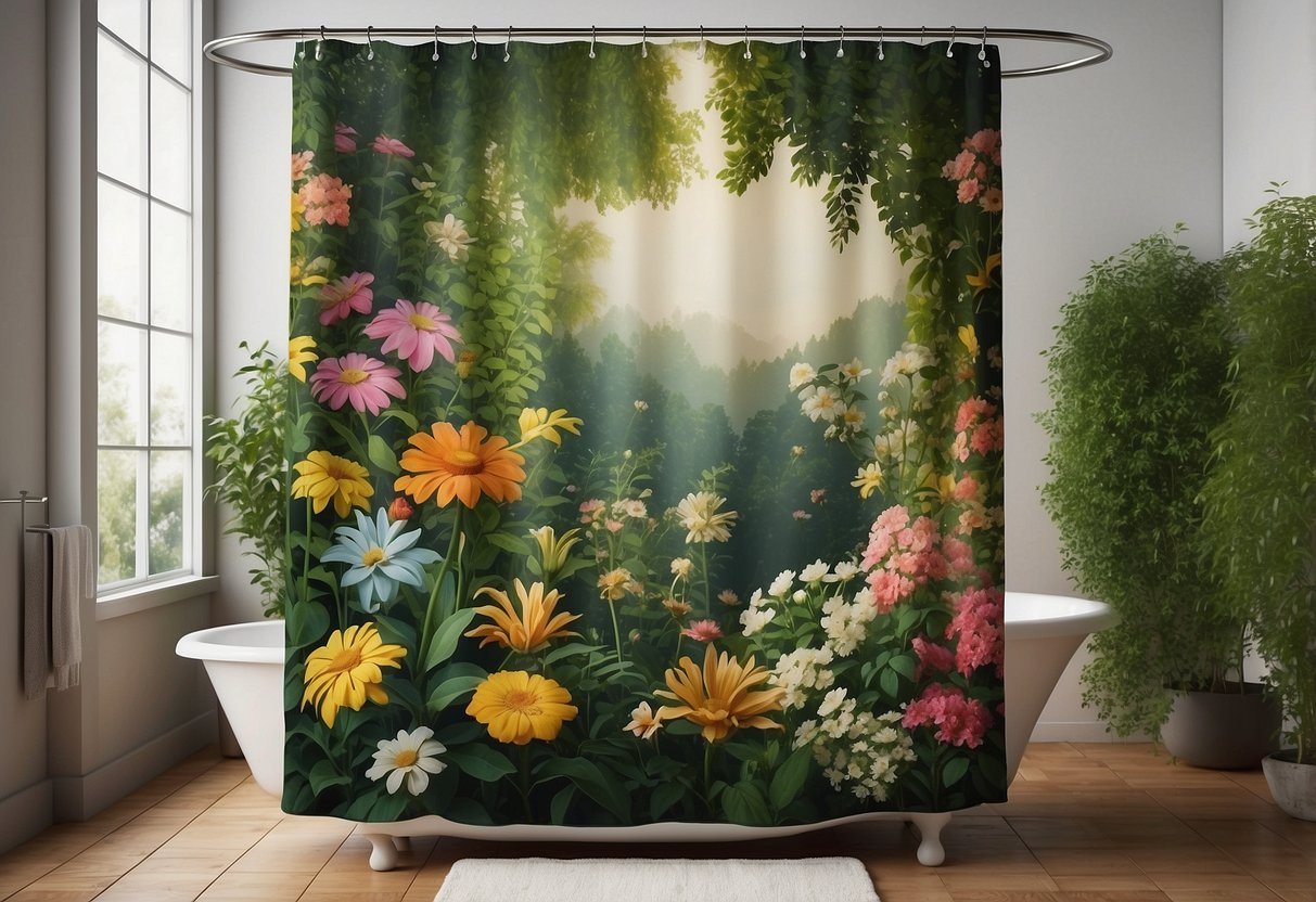 A vintage botanical print shower curtain hangs in a lush garden setting, surrounded by blooming flowers and green foliage