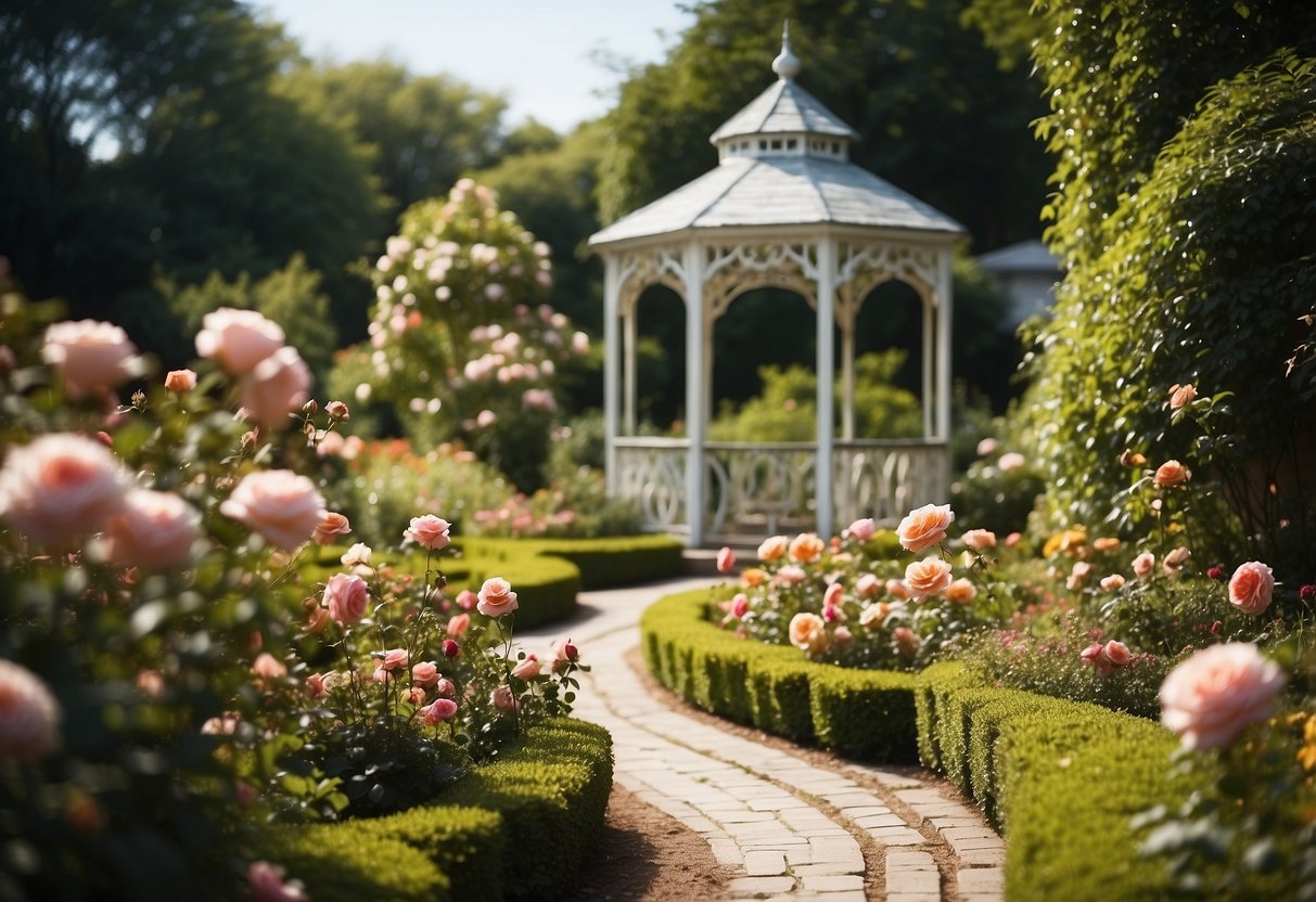 A lush rose garden with vibrant blooms, winding paths, and a charming gazebo under a clear blue sky