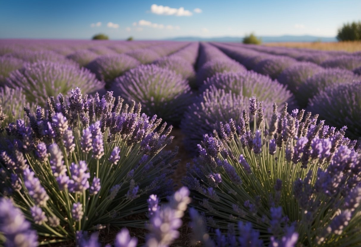 A vast lavender field stretches to the horizon, with rows of purple flowers swaying gently in the breeze. A clear blue sky above completes the serene scene