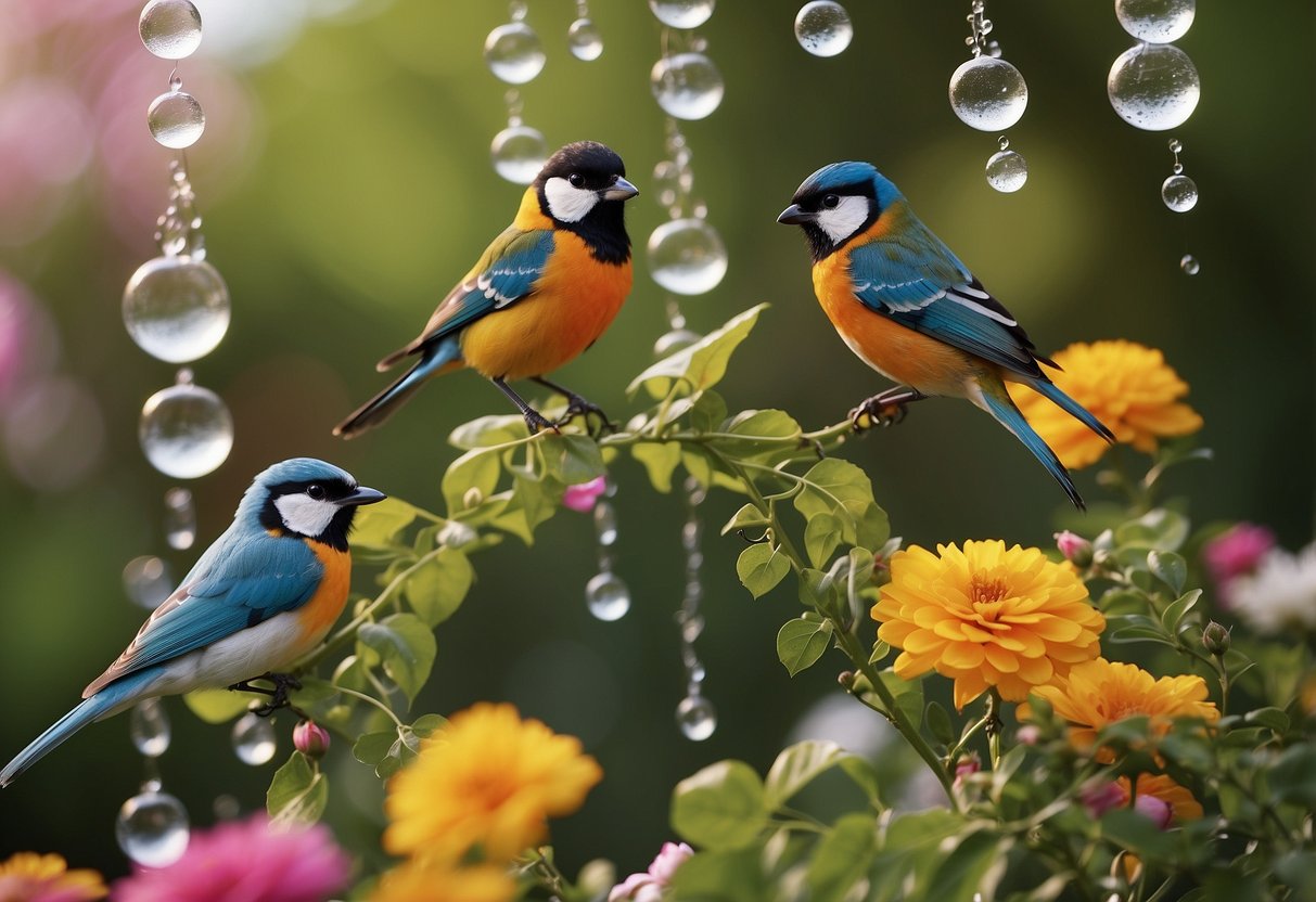 A garden scene with colorful birds perched on blooming flowers, set against a backdrop of a vibrant shower curtain