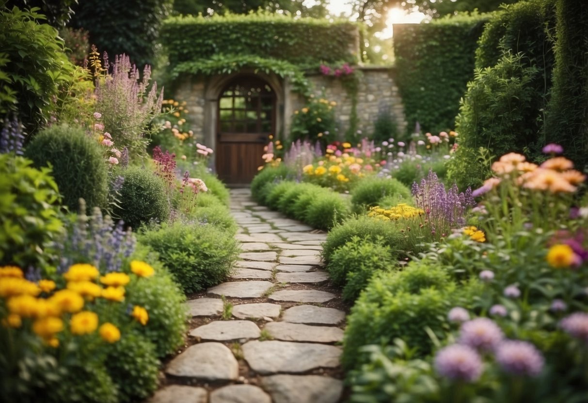 A colorful English garden with blooming flowers, lush greenery, and a charming stone pathway, all captured on a shower curtain for a whimsical and nature-inspired bathroom decor