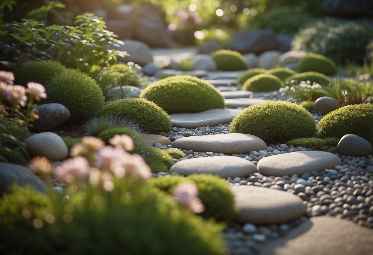 A serene Zen garden with raked gravel, stepping stones, and carefully placed rocks surrounded by lush greenery and blooming flowers