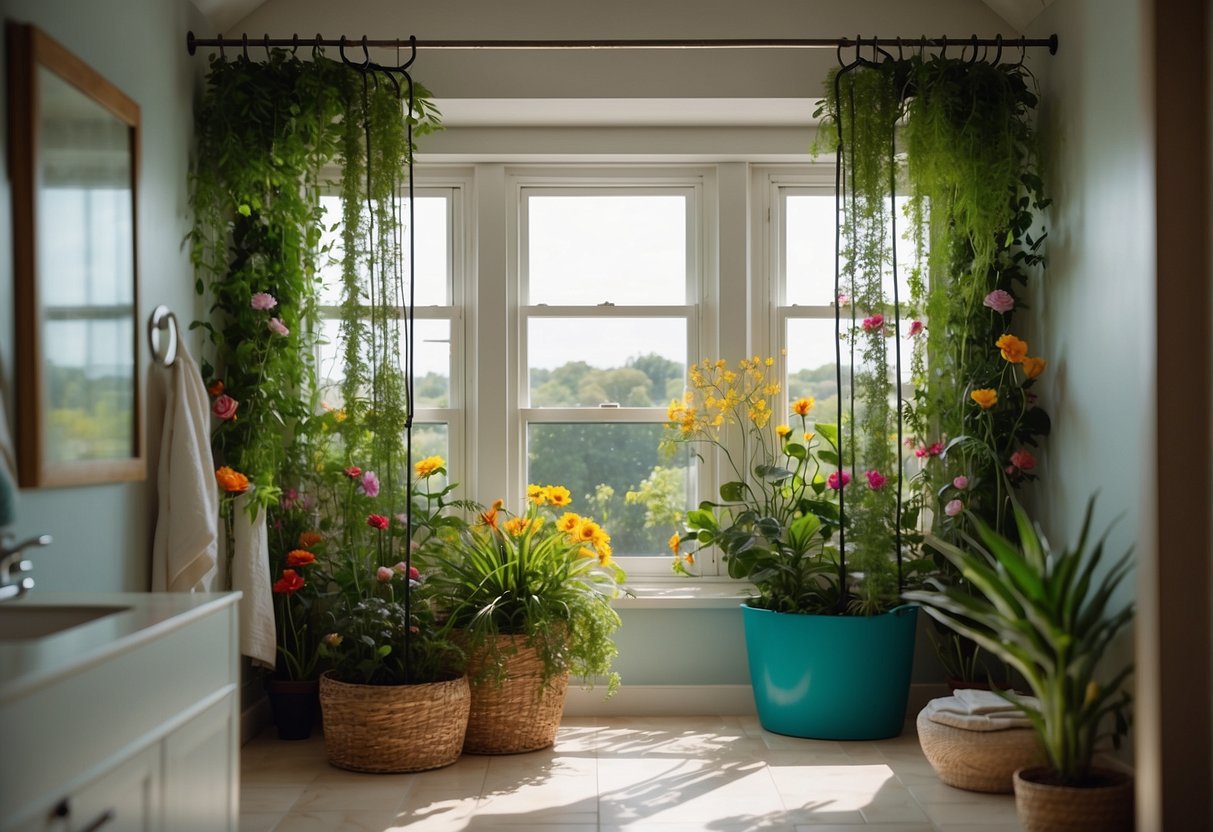 A shower curtain garden hangs from a rod, filled with vibrant green plants and colorful flowers. The curtain is surrounded by a serene bathroom, with natural light streaming in from a window