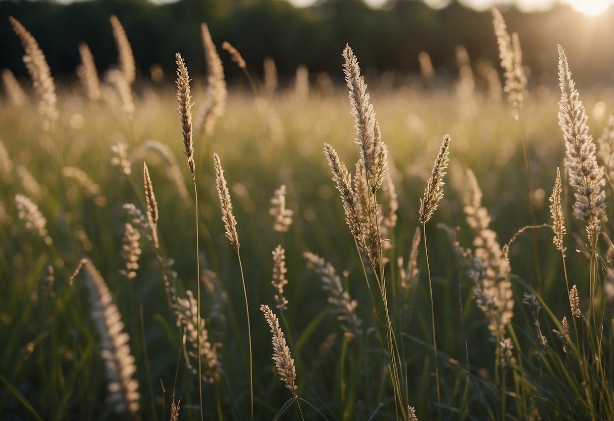 A vast expanse of native Texas prairie grass sways in the gentle breeze, creating a natural and serene atmosphere for a Texas garden