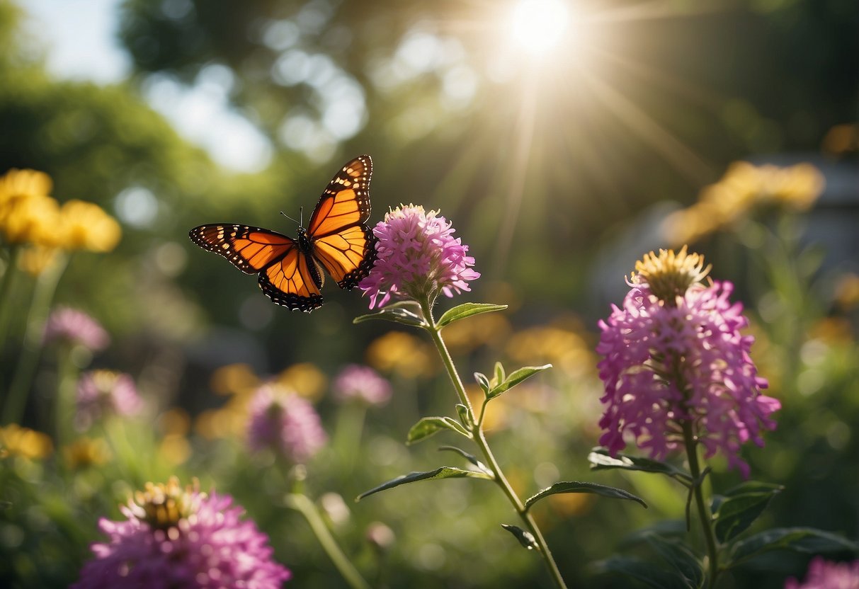 A vibrant Texas garden blooms with colorful flowers and buzzing pollinators, while delicate butterflies flit from bloom to bloom