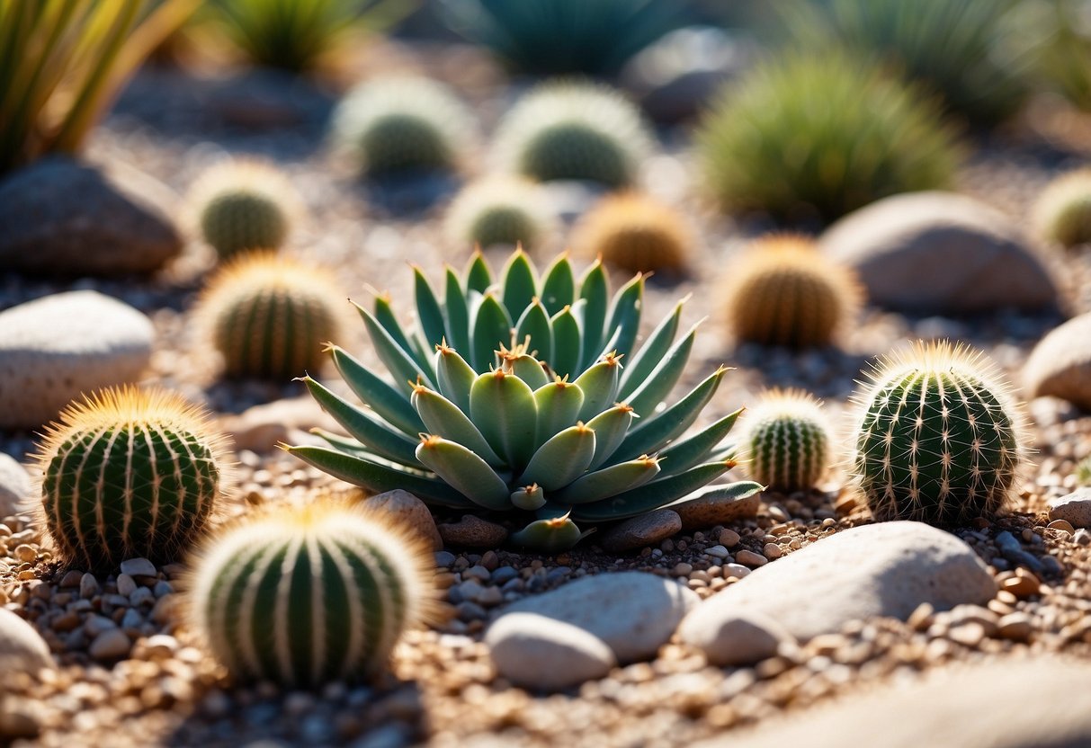 A variety of drought-tolerant cacti arranged in a Texas garden, showcasing different shapes, sizes, and colors. Sand and rocks surround the plants, with a clear blue sky in the background