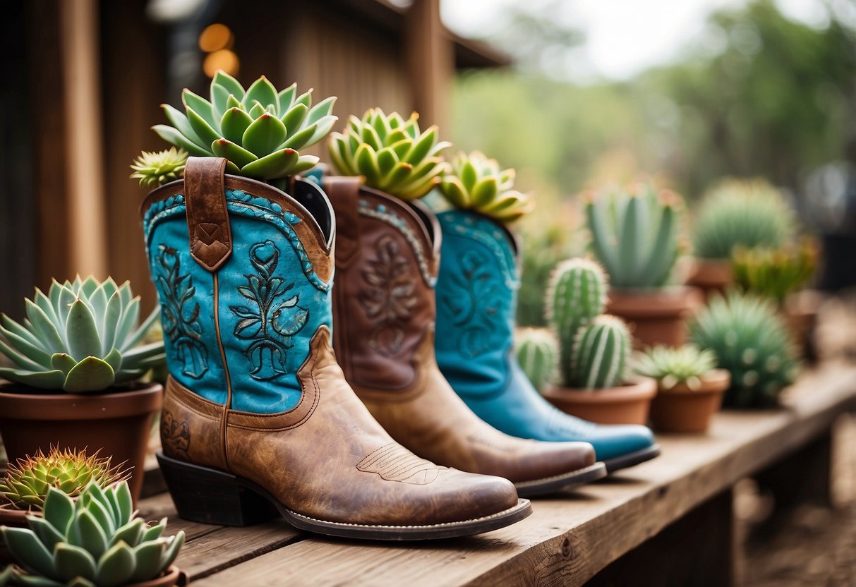 Vintage cowboy boot planters arranged in a rustic Texas garden, filled with colorful succulents and cacti, creating a charming and unique outdoor display