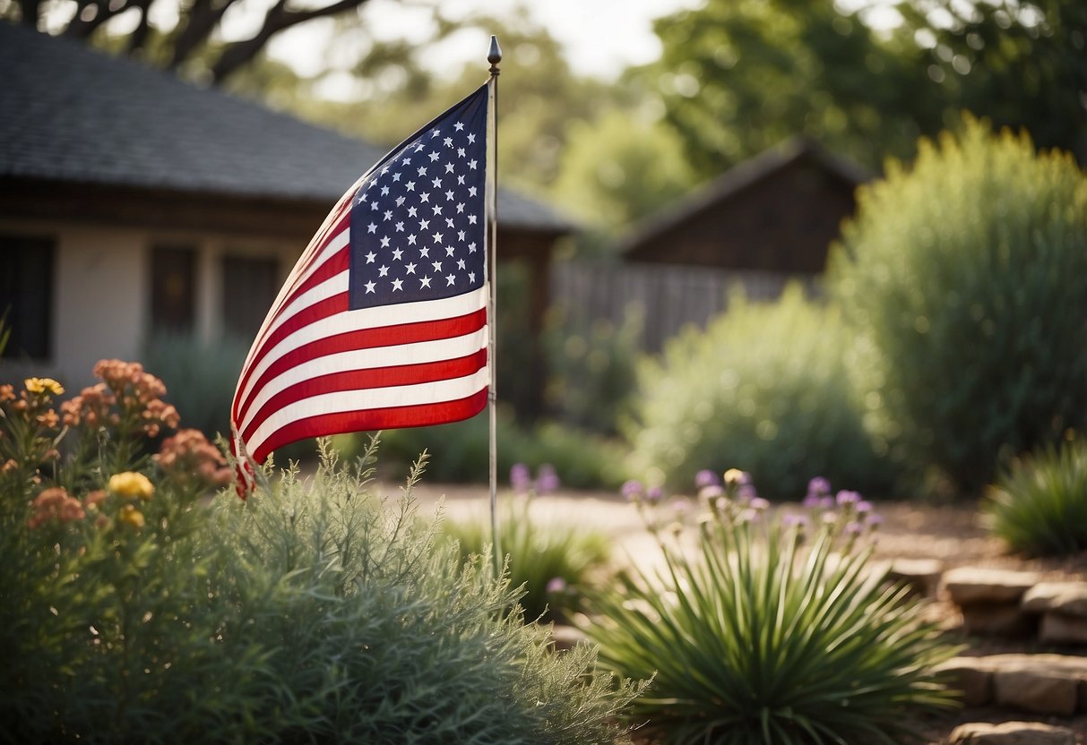 A lone star flag flutters in a Texas garden, surrounded by native plants and rustic landscaping